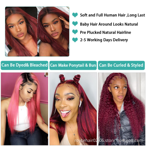 Red Ombre Hair Wigs Vendor,99j Burgundy Colored Mink Indian Human Hair Weave Cuticle Aligned Lace Closure Wig With Baby Hure Wig